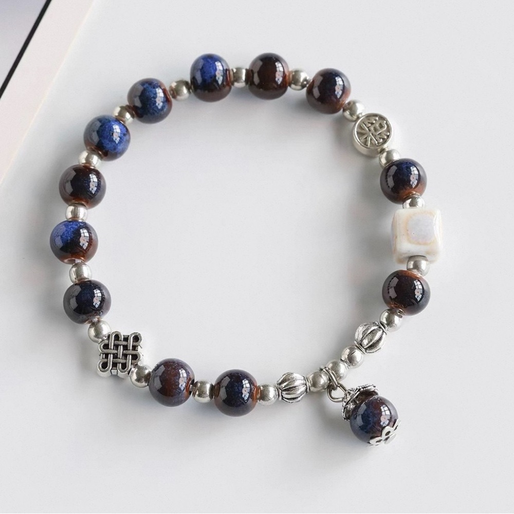 Silver Accent Blue-Brown Beaded Stretch Bracelet